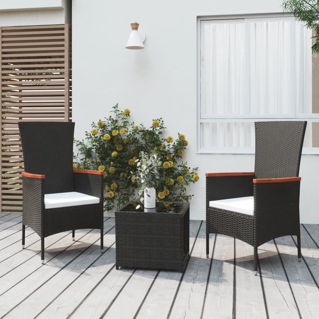 vidaXL 3 Piece Garden Lounge Set Black Poly Rattan&Steel