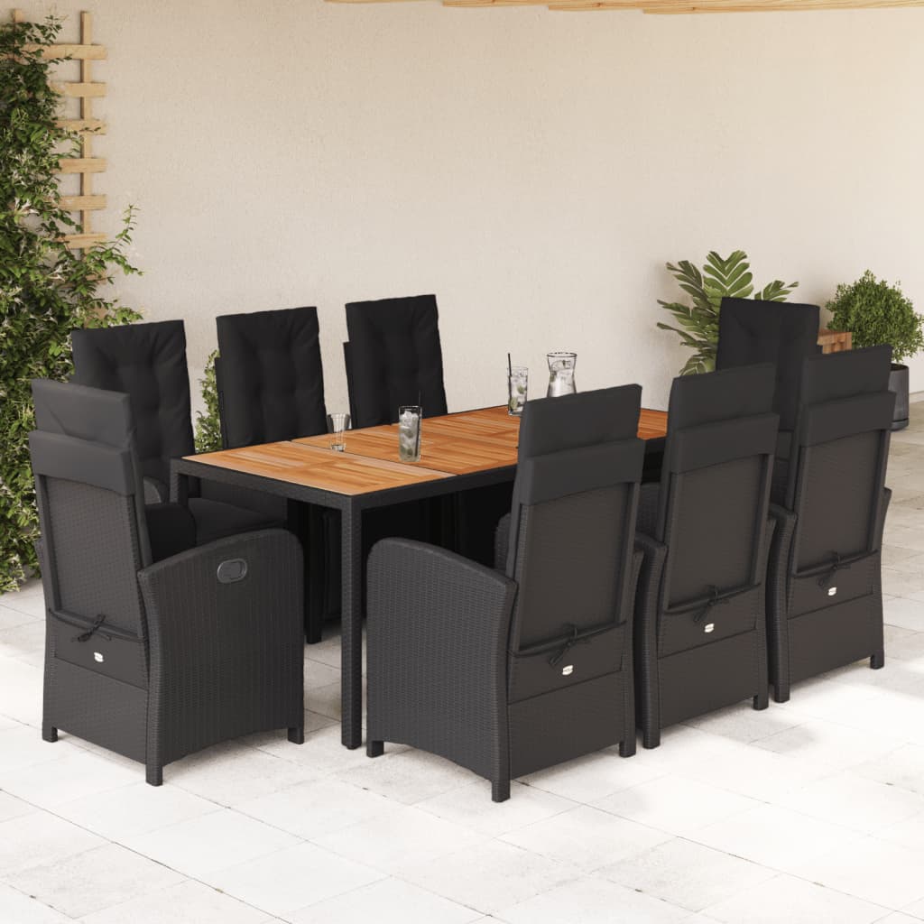 vidaXL 9 Piece Garden Dining Set with Cushions Black Poly Rattan