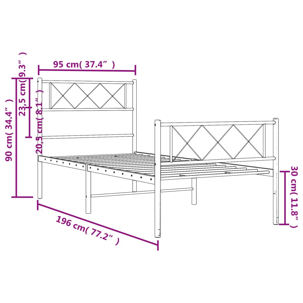 vidaXL Metal Bed Frame without Mattress with Footboard White 90x190 cm Single