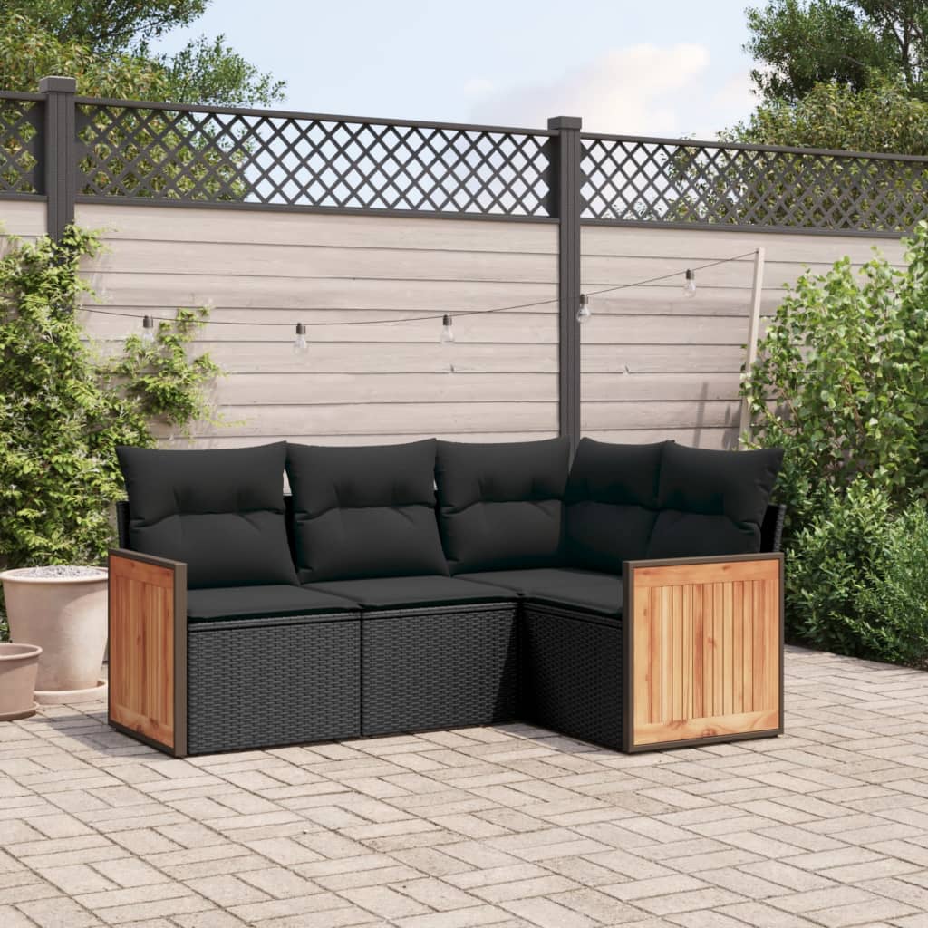 vidaXL 4 Piece Garden Sofa Set with Cushions Black Poly Rattan