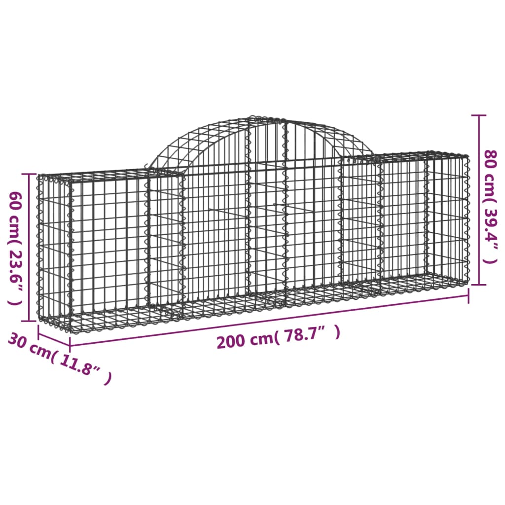 vidaXL Arched Gabion Baskets 10 pcs 200x30x60/80 cm Galvanised Iron