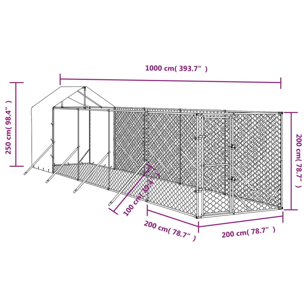 vidaXL Outdoor Dog Kennel with Roof Silver 2x10x2.5 m Galvanised Steel