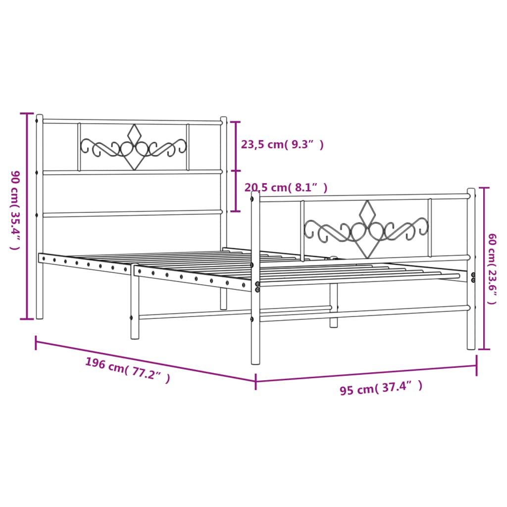 vidaXL Metal Bed Frame without Mattress with Footboard White 90x190 cm Single