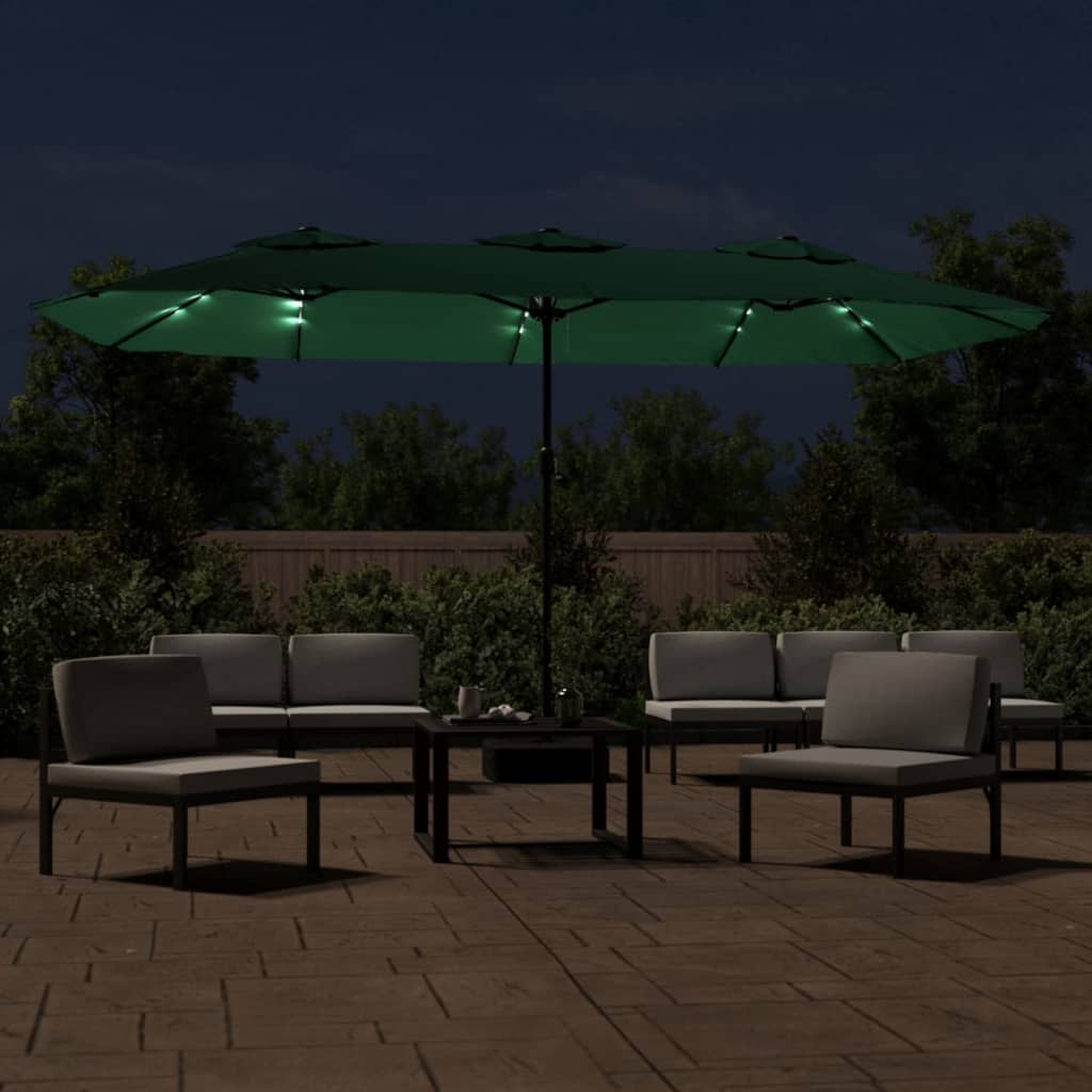 vidaXL Double-Head Garden Parasol with LEDs Green 449x245 cm