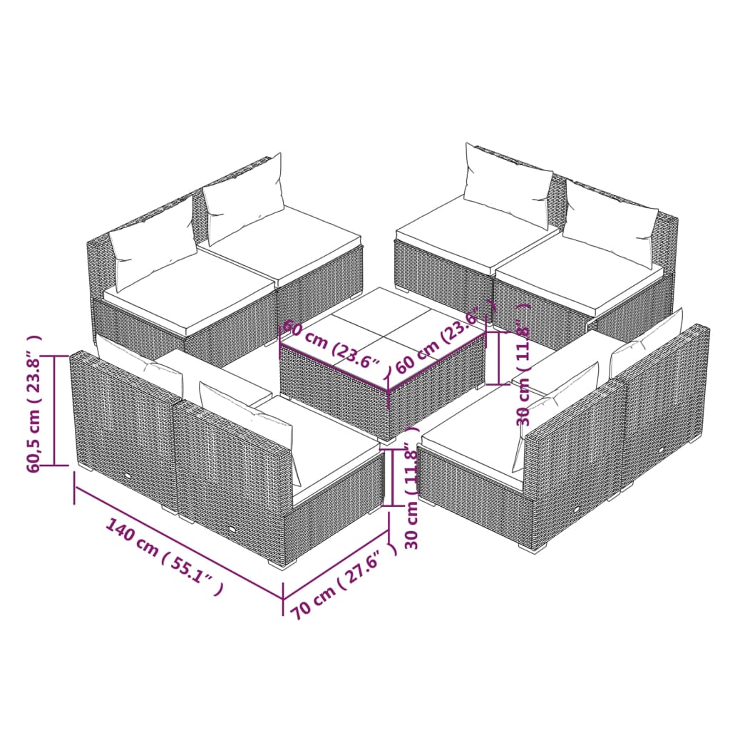 vidaXL 9 Piece Garden Lounge Set with Cushions Poly Rattan Black