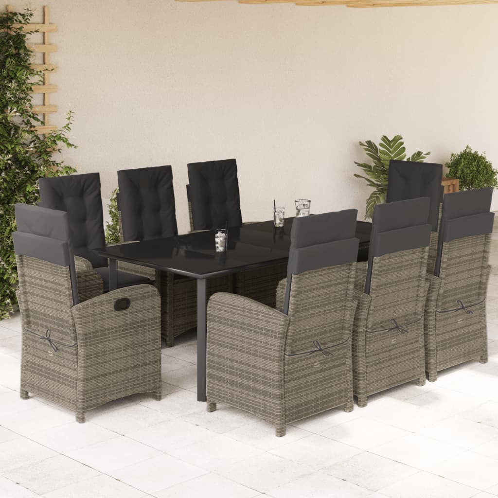 vidaXL 9 Piece Garden Dining Set with Cushions Grey Poly Rattan