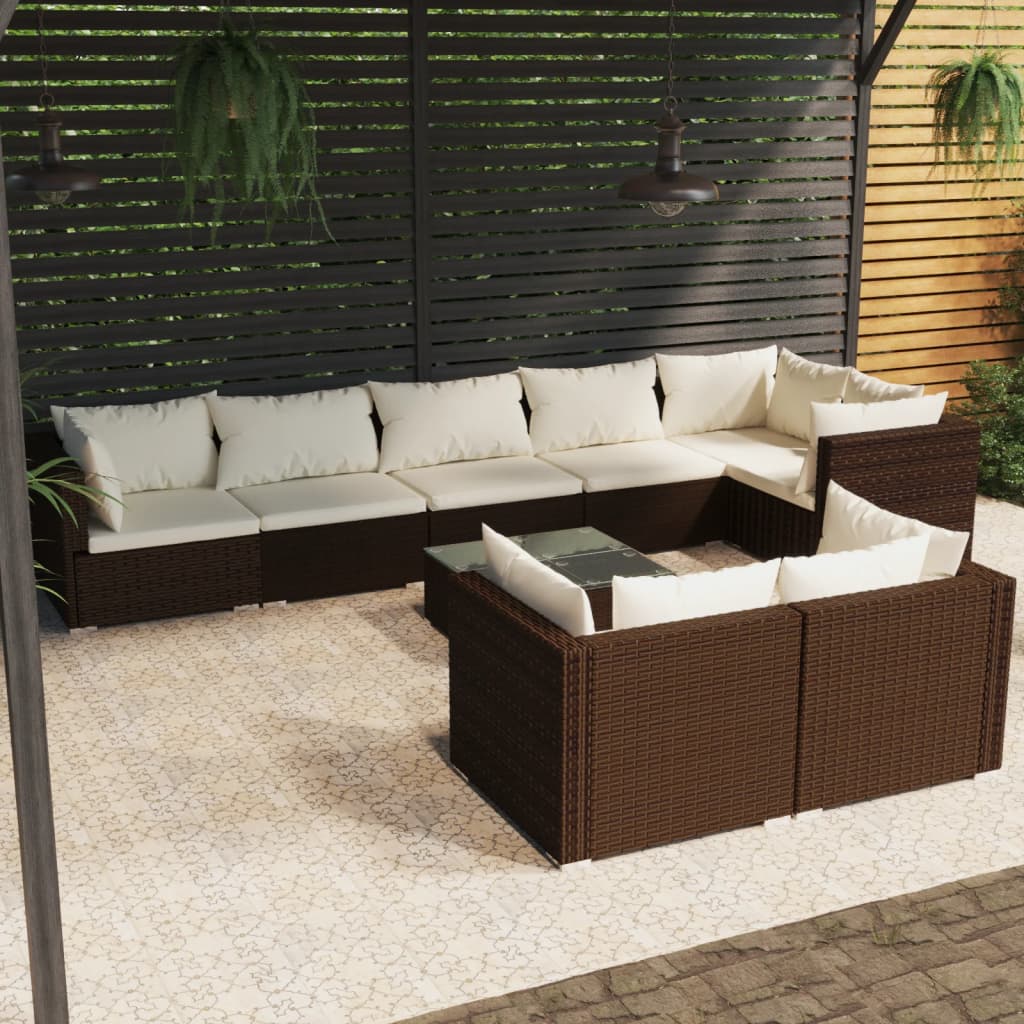 vidaXL 9 Piece Garden Lounge Set with Cushions Brown Poly Rattan