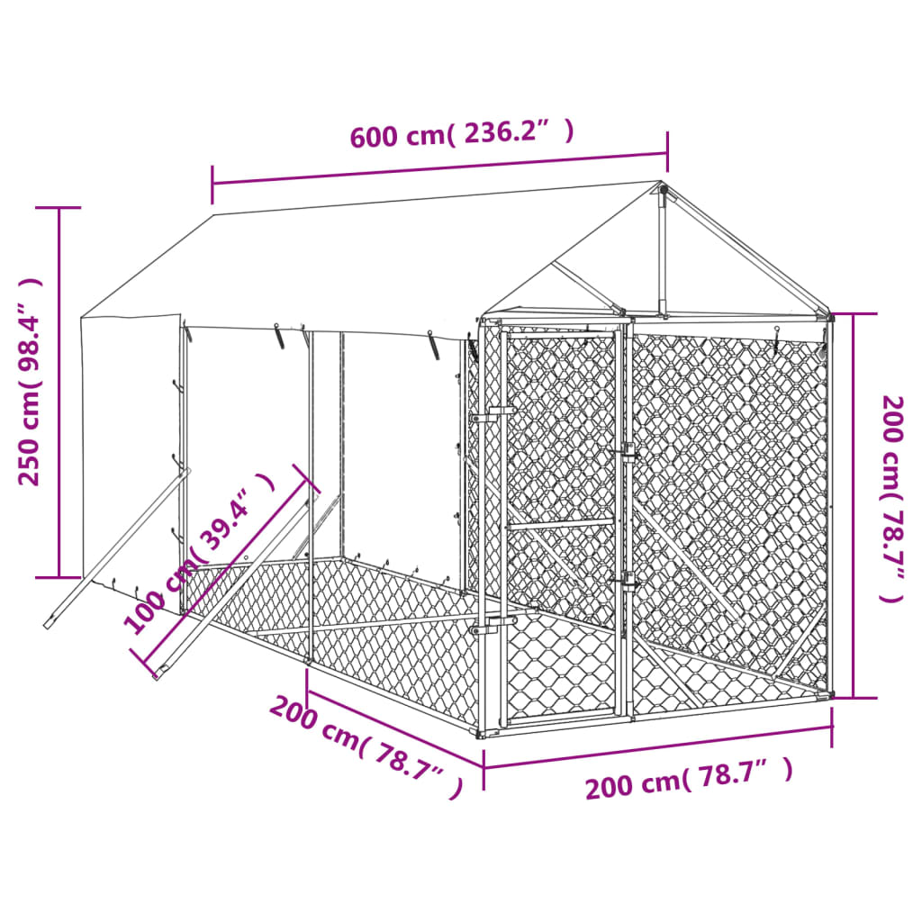 vidaXL Outdoor Dog Kennel with Roof Silver 2x6x2.5 m Galvanised Steel