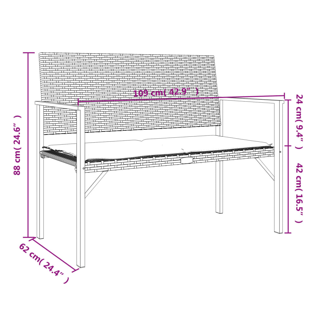 vidaXL 2-Seater Garden Bench with Cushion Black Poly Rattan