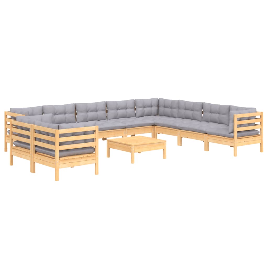 vidaXL 11 Piece Garden Lounge Set with Grey Cushions Solid Pinewood