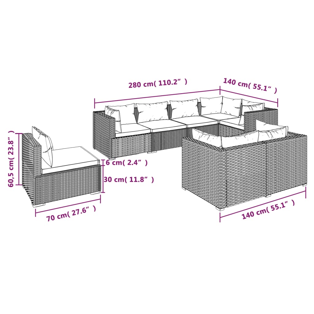 vidaXL 8 Piece Garden Lounge Set with Cushions Poly Rattan Brown