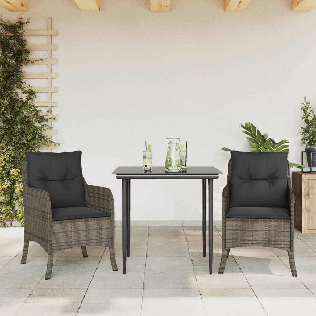 vidaXL 3 Piece Garden Dining Set with Cushions Grey Poly Rattan