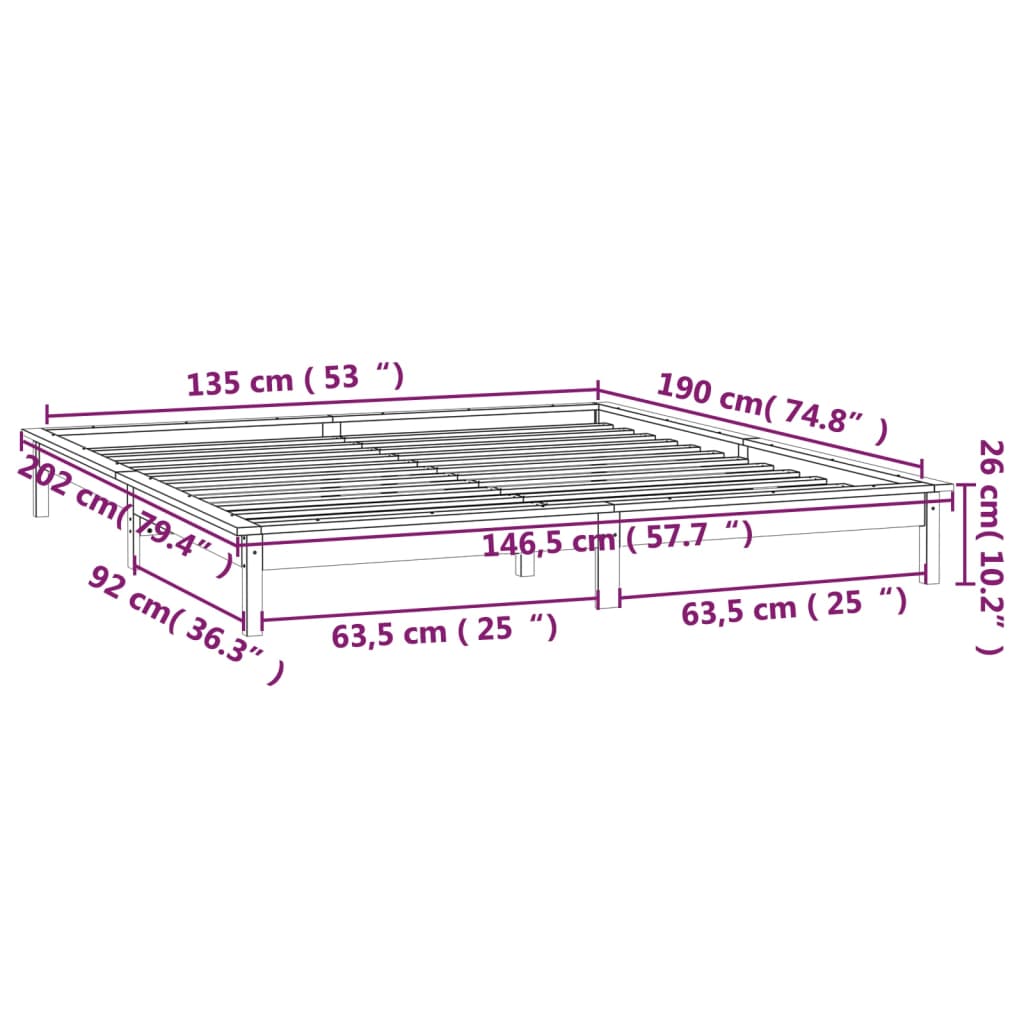 vidaXL LED Bed Frame without Mattress Black 135x190 cm Double Solid Wood