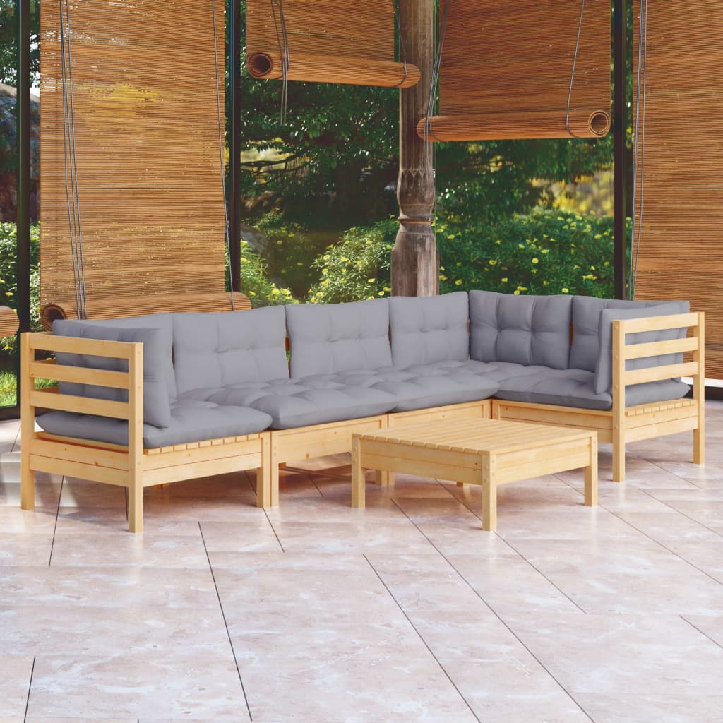 vidaXL 6 Piece Garden Lounge Set with Grey Cushions Pinewood