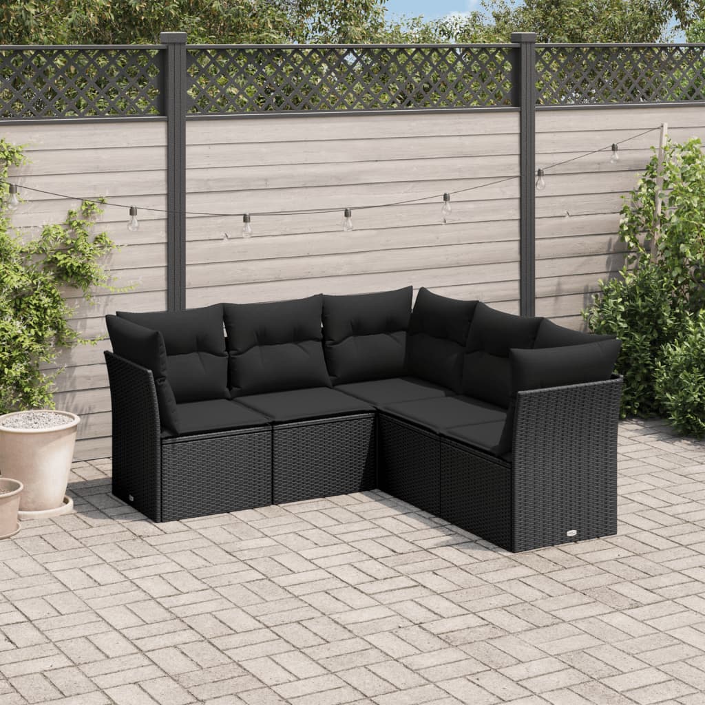 vidaXL 5 Piece Garden Sofa Set with Cushions Black Poly Rattan