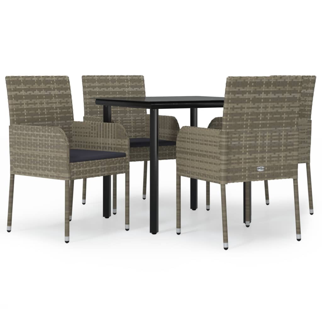 vidaXL 5 Piece Garden Dining Set with Cushions Black and Grey Poly Rattan