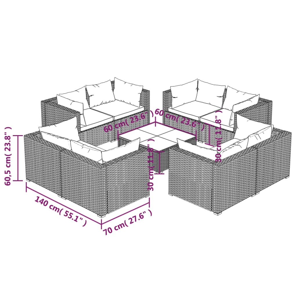 vidaXL 9 Piece Garden Lounge Set with Cushions Poly Rattan Black