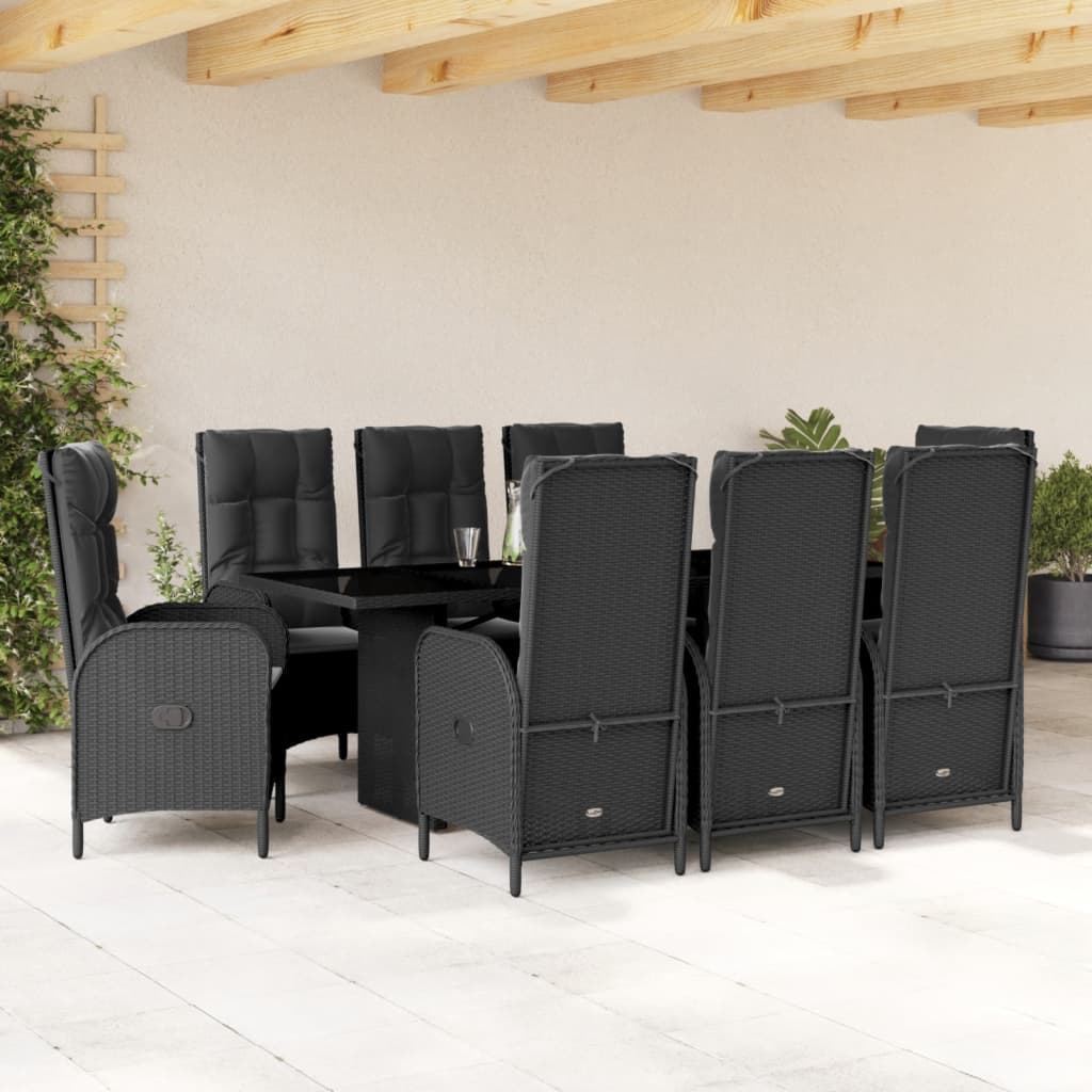 vidaXL 9 Piece Garden Dining Set with Cushions Black Poly Rattan