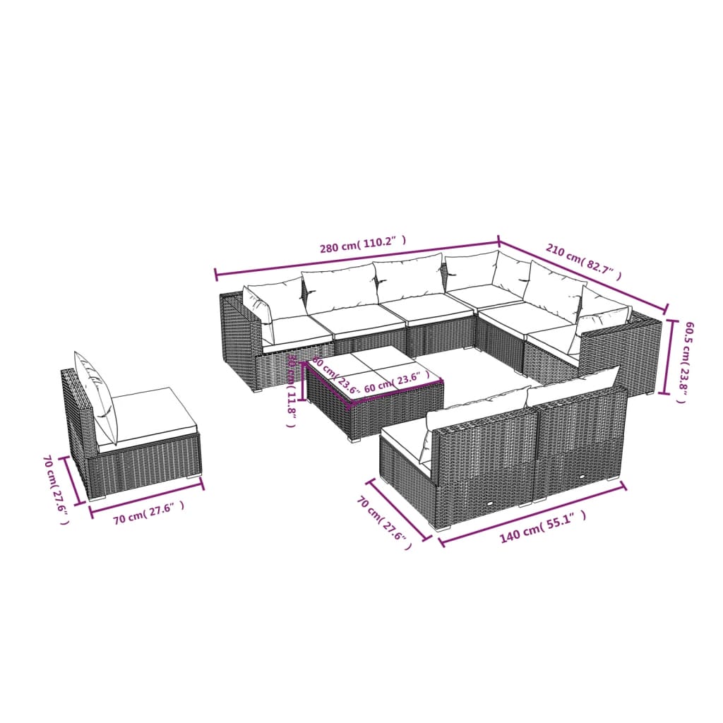 vidaXL 10 Piece Garden Lounge Set with Cushions Poly Rattan Grey