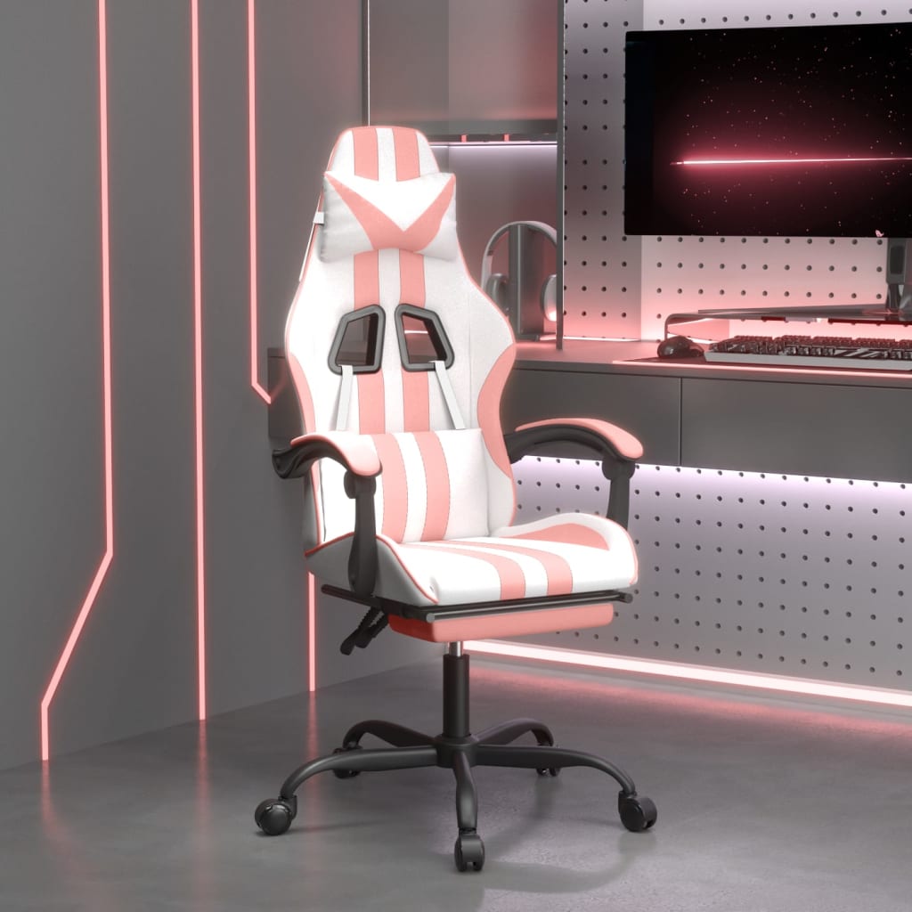 vidaXL Swivel Gaming Chair with Footrest White&Pink Faux Leather