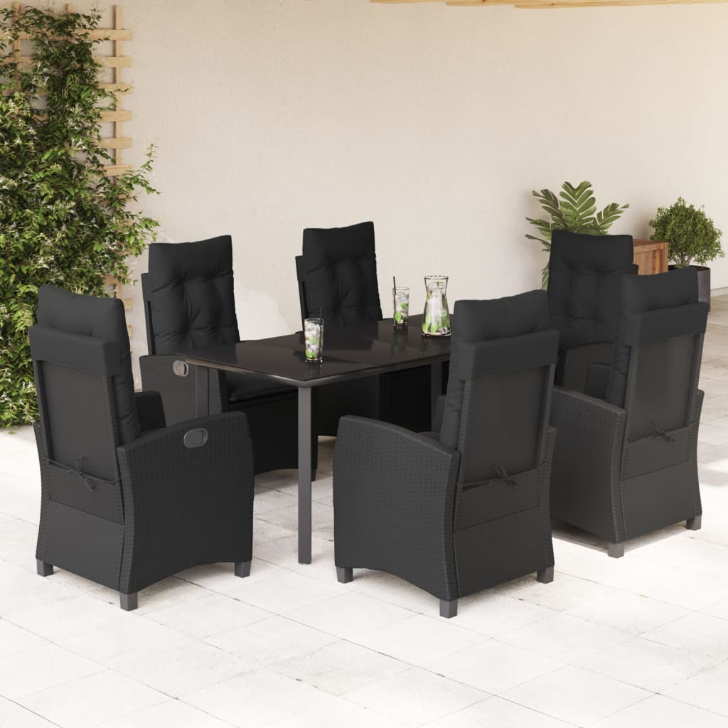 vidaXL 7 Piece Garden Dining Set with Cushions Black Poly Rattan