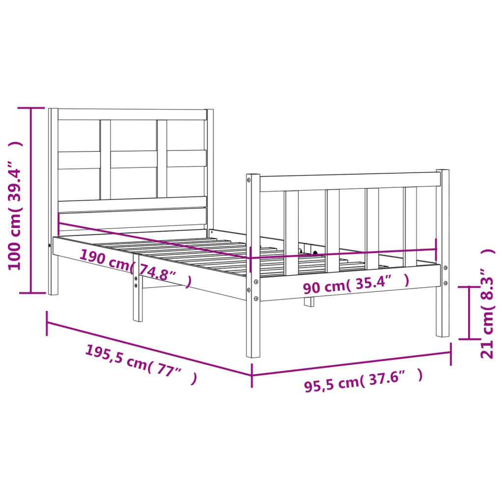 vidaXL Bed Frame with Headboard Black Single Solid Wood