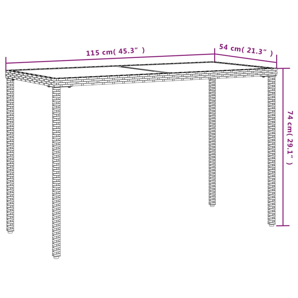 vidaXL Garden Table with Glass Top Beige 115x54x74 cm Poly Rattan