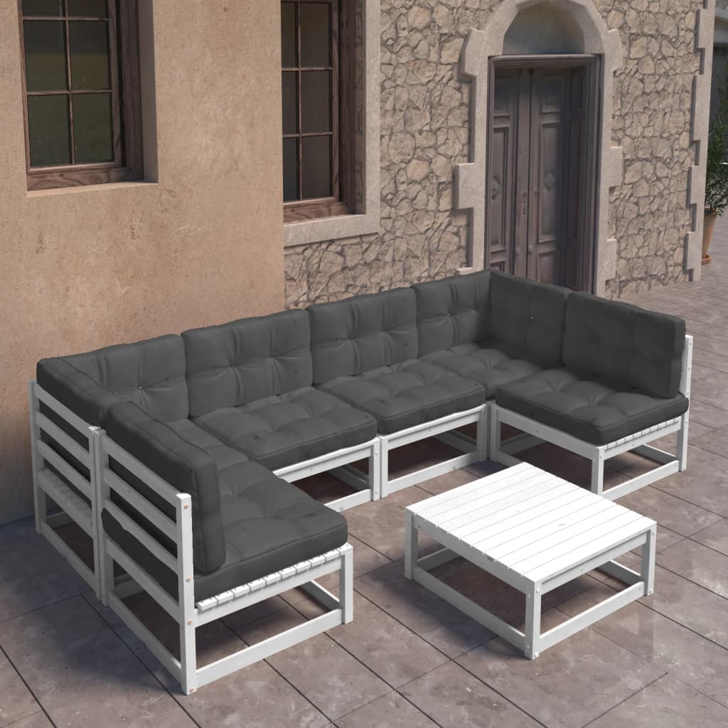 vidaXL 7 Piece Garden Lounge Set with Cushions White Solid Pinewood