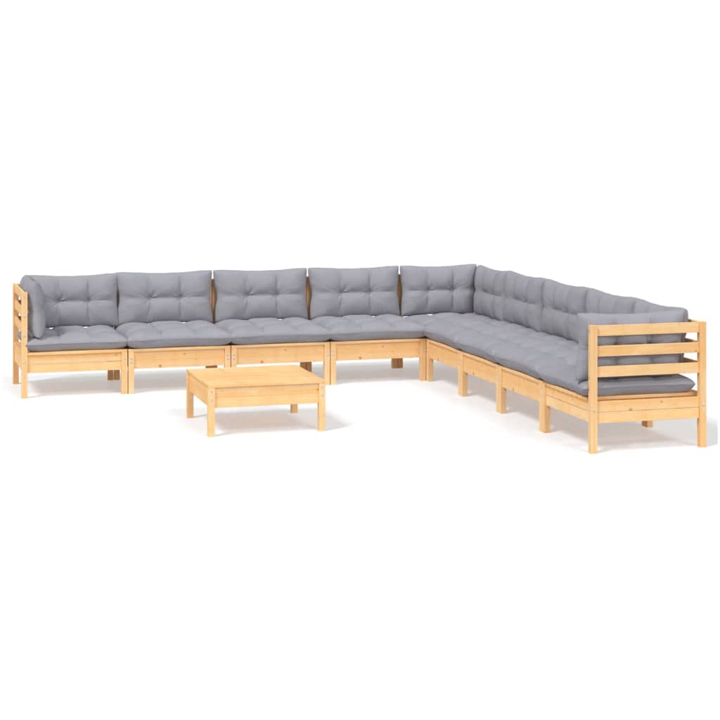 vidaXL 10 Piece Garden Lounge Set with Grey Cushions Solid Pinewood