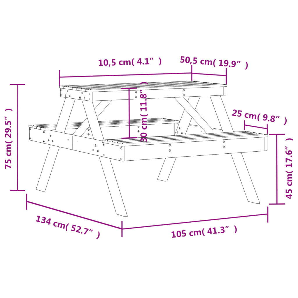 vidaXL Picnic Table 105x134x75 cm Solid Wood Pine