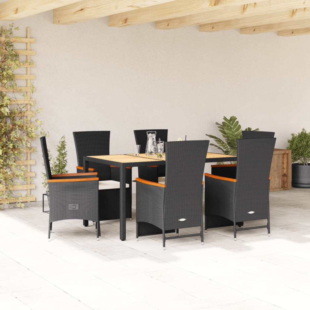 vidaXL 7 Piece Garden Dining Set with Cushions Black Poly Rattan