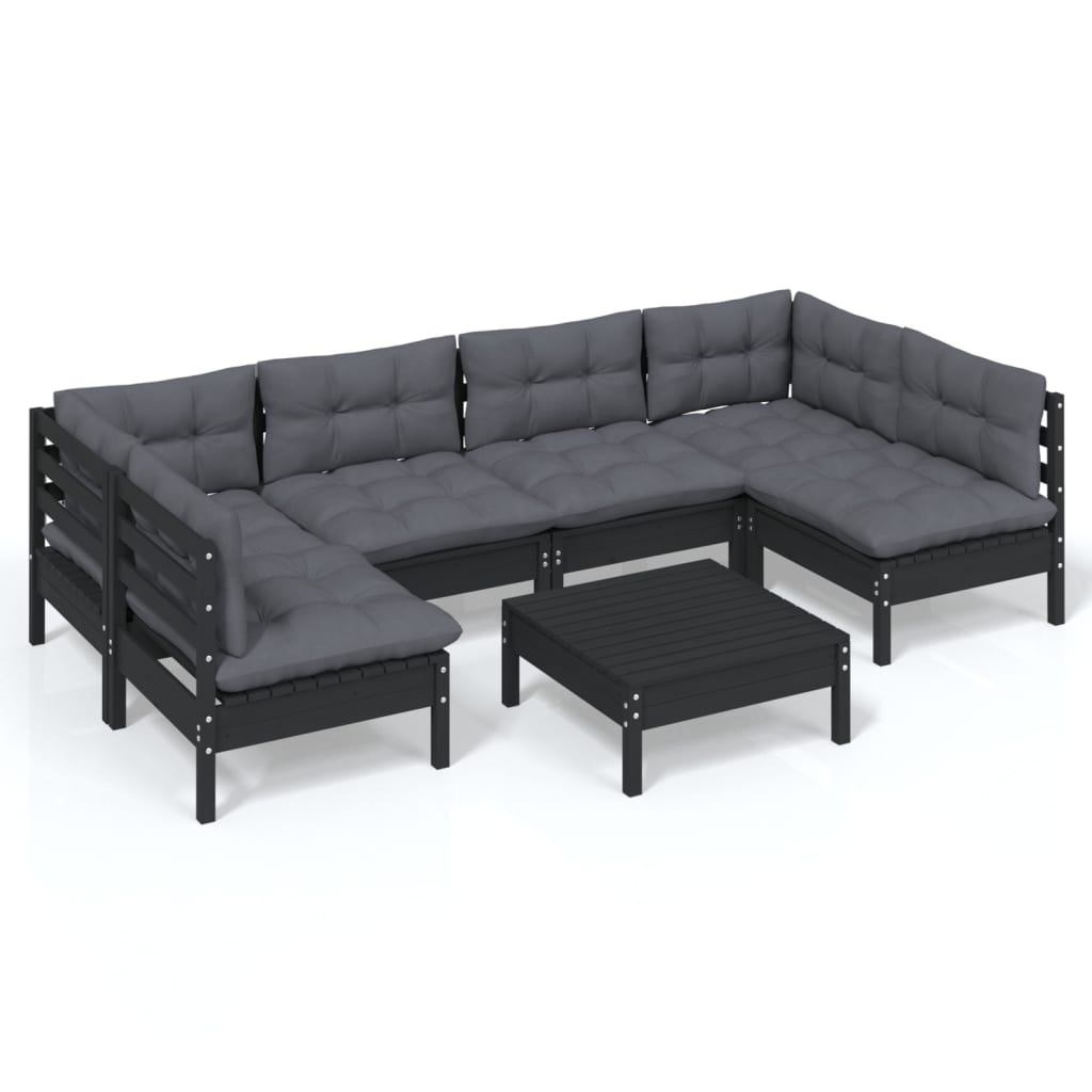 vidaXL 7 Piece Garden Lounge Set with Cushions Black Solid Pinewood