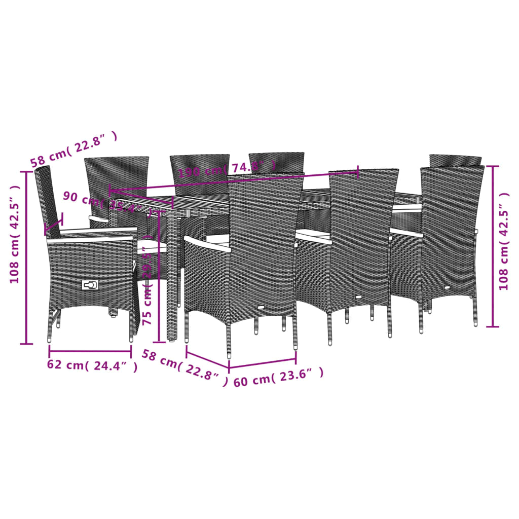 vidaXL 7 Piece Garden Dining Set with Cushions Black Poly Rattan