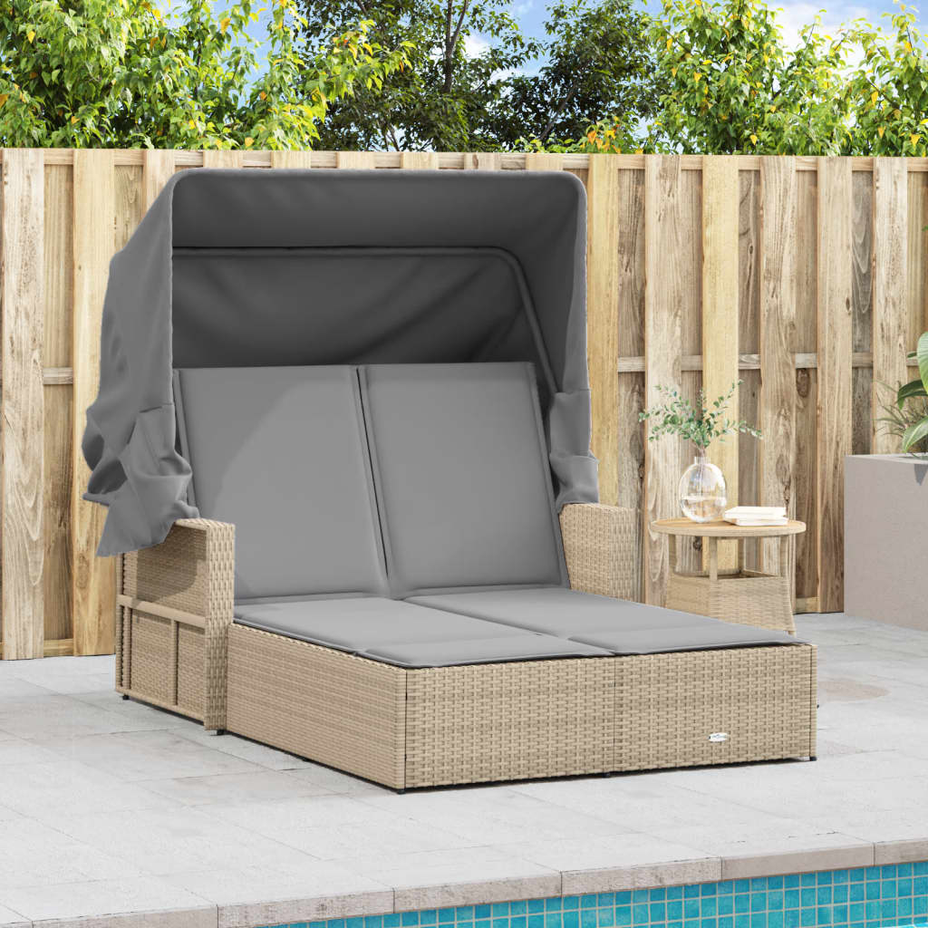 vidaXL Double Sun Lounger with Canopy and Cushions Mix Beige Poly Rattan