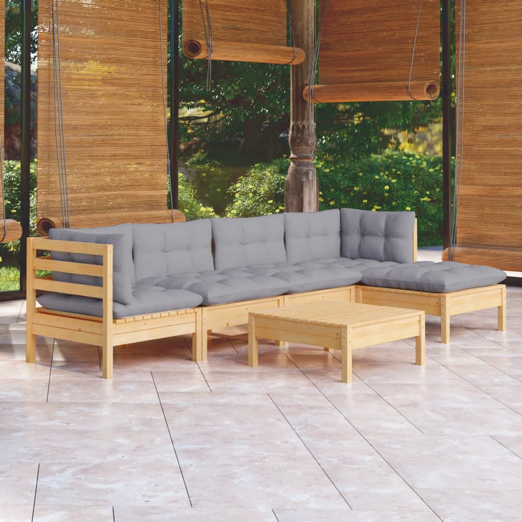 vidaXL 6 Piece Garden Lounge Set with Grey Cushions Pinewood