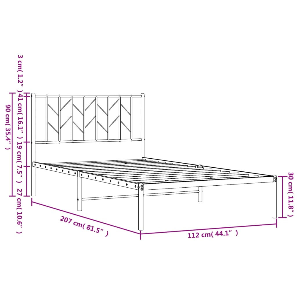 vidaXL Metal Bed Frame without Mattress with Headboard Black 107x203 cm