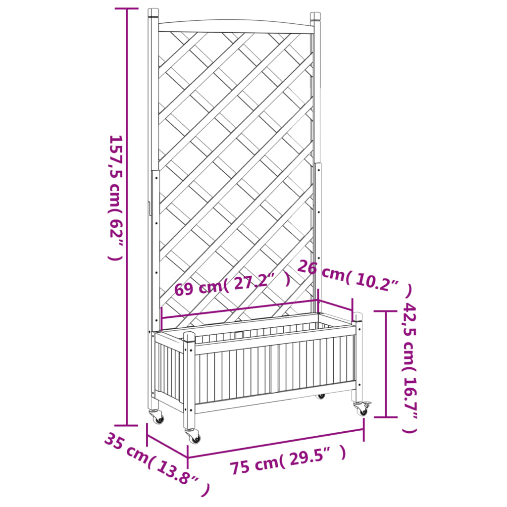 vidaXL Planter with Trellis and Wheels Grey Solid Wood Fir