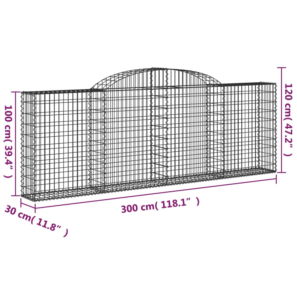 vidaXL Arched Gabion Baskets 10 pcs 300x30x100/120 cm Galvanised Iron