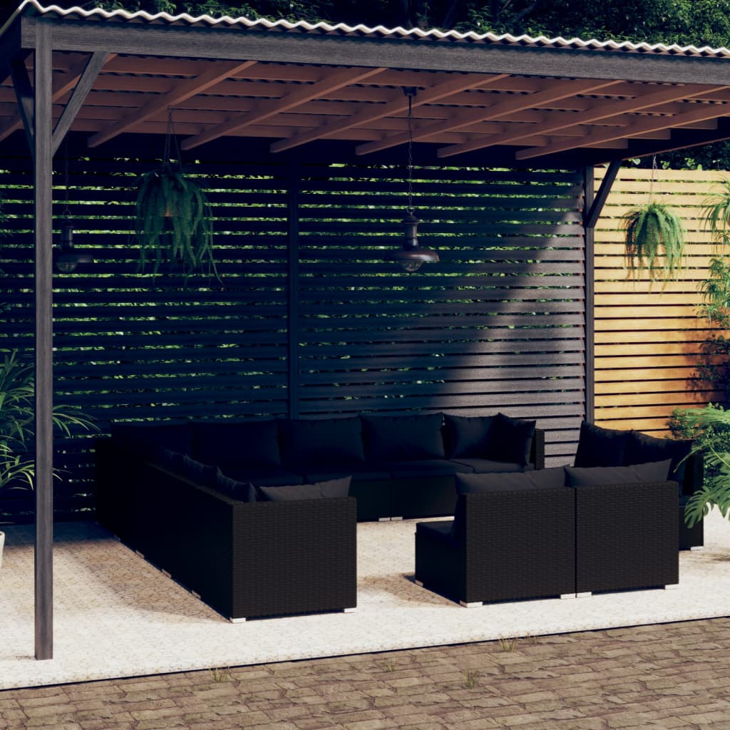 vidaXL 13 Piece Garden Lounge Set with Cushions Black Poly Rattan