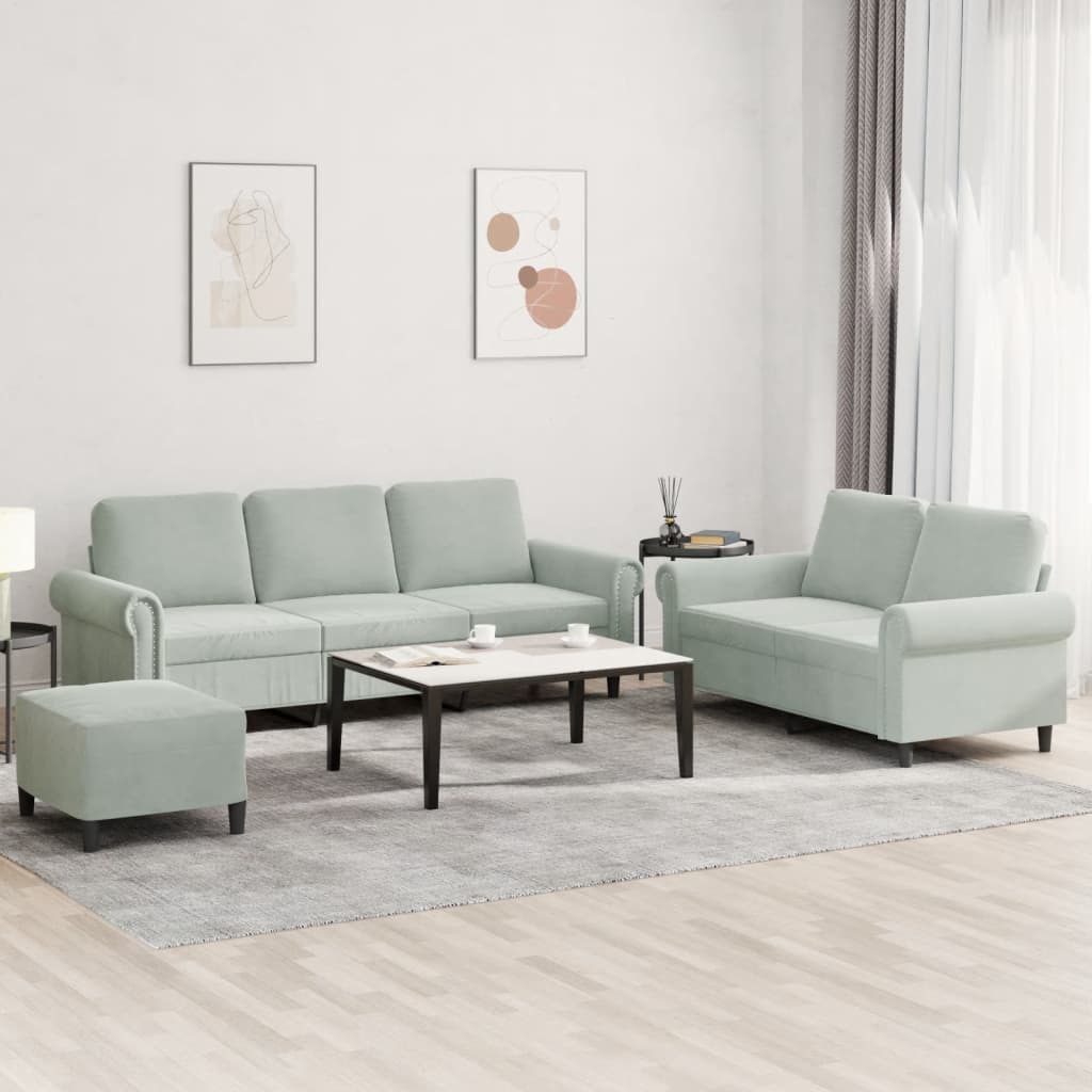 vidaXL 3 Piece Sofa Set with Cushions Light Grey Velvet