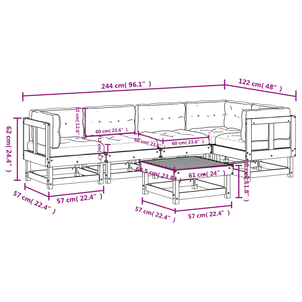 vidaXL 6 Piece Garden Lounge Set with Cushions Solid Wood