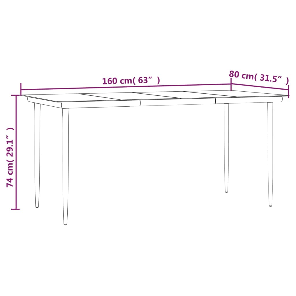 vidaXL Garden Dining Table Black 160x80x74cm Steel and Tempered Glass