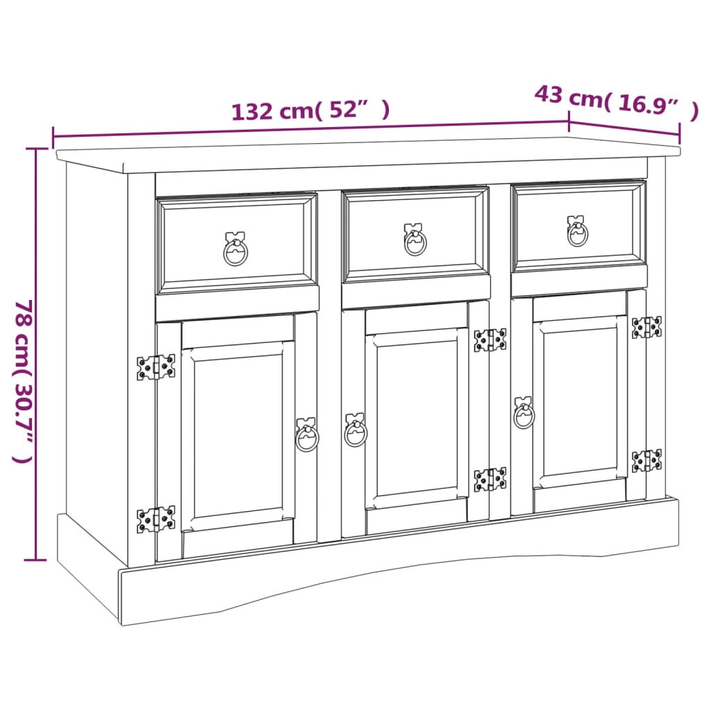 vidaXL Sideboard Solid Mexican Pinewood Corona Range 132x43x78 cm