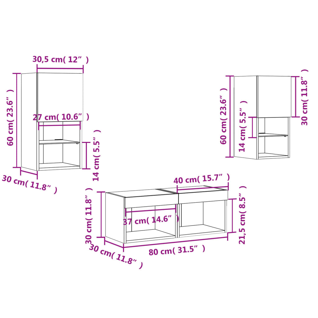 vidaXL 4 Piece TV Wall Cabinets with LED Lights White