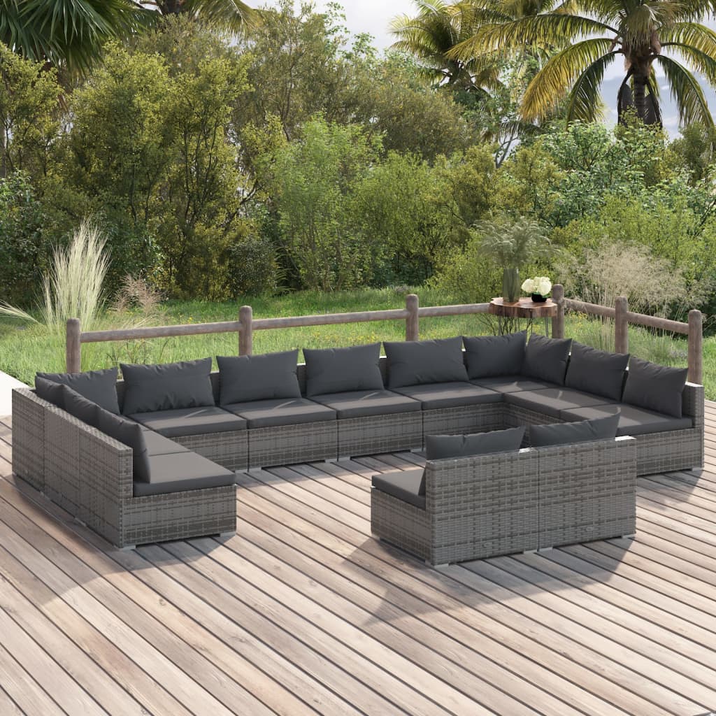 vidaXL 12 Piece Garden Lounge Set with Cushions Grey Poly Rattan