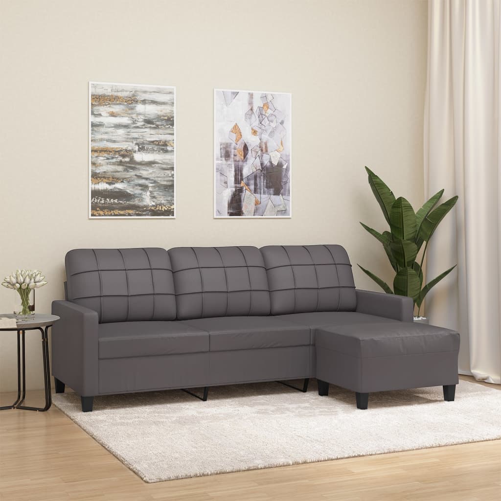 vidaXL 3-Seater Sofa with Footstool Grey 180 cm Faux Leather