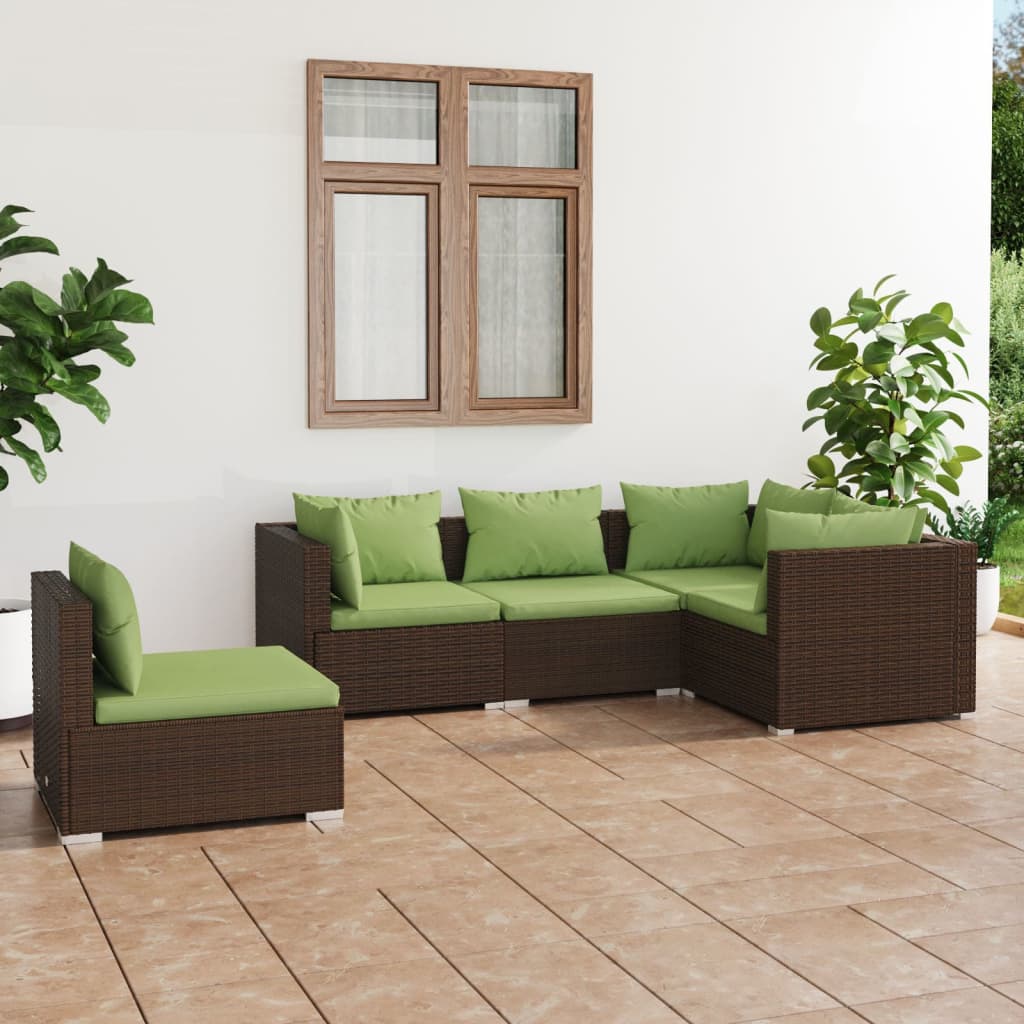 vidaXL 5 Piece Garden Lounge Set with Cushions Poly Rattan Brown