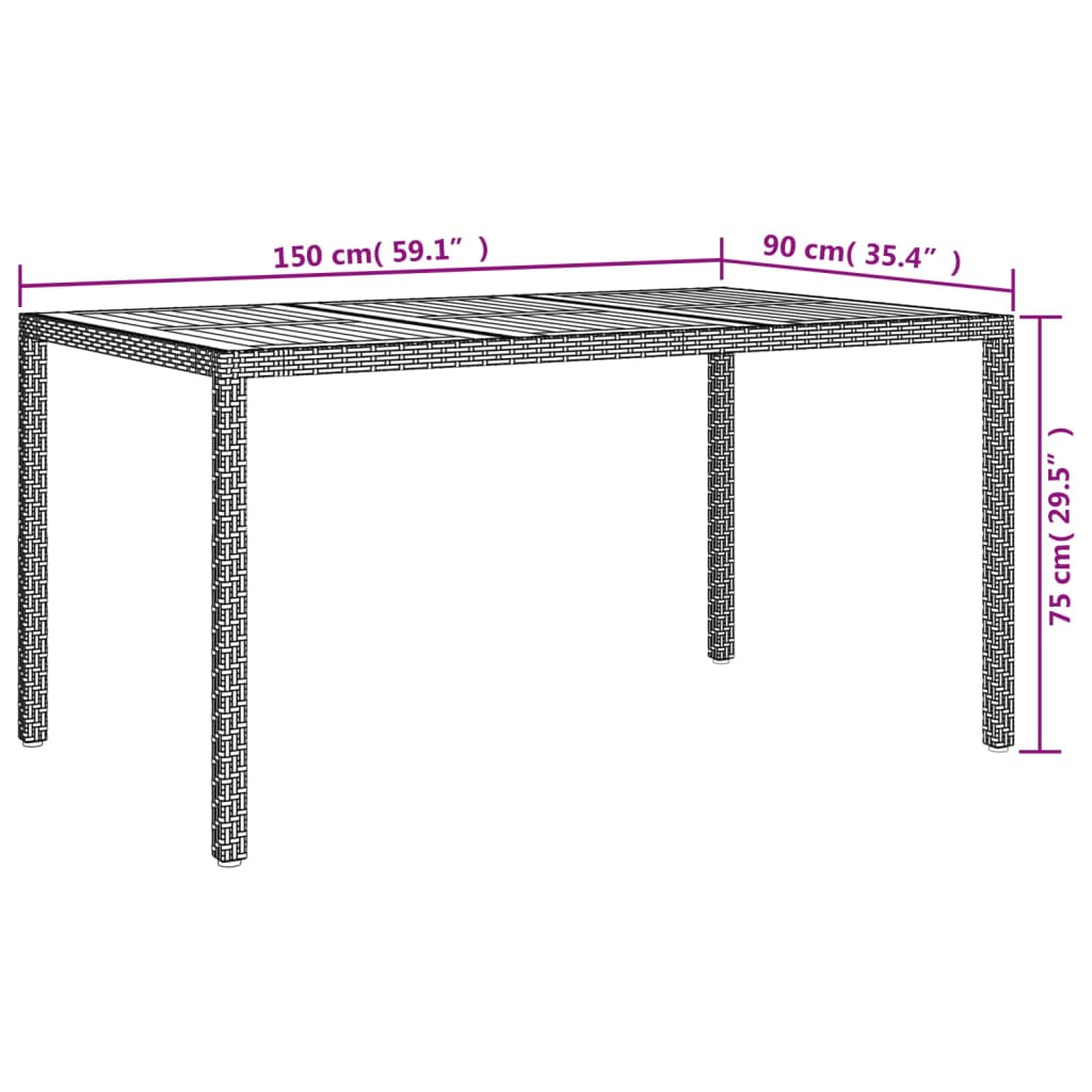 vidaXL Garden Table 150x90x75 cm Poly Rattan and Acacia Wood Black