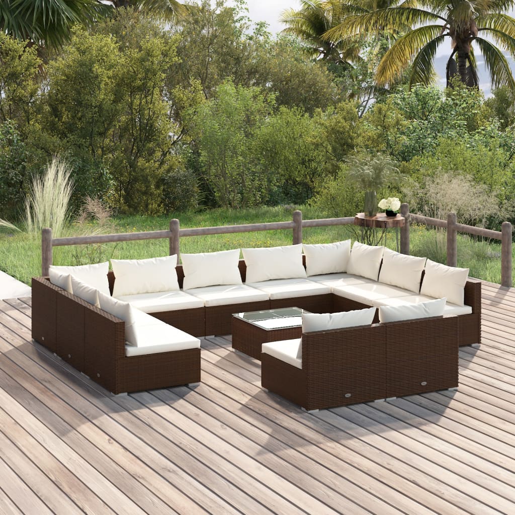 vidaXL 12 Piece Garden Lounge Set with Cushions Brown Poly Rattan