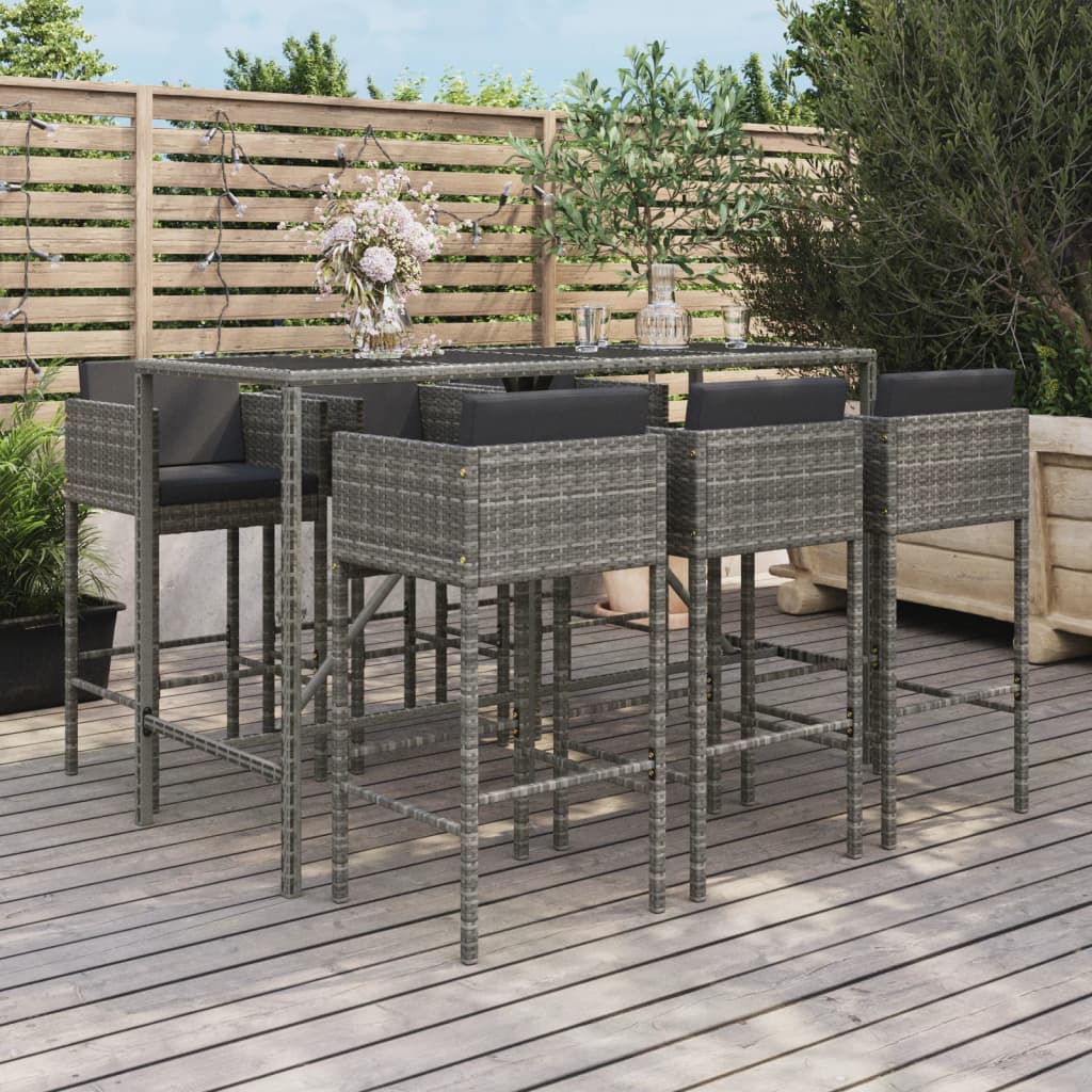 vidaXL 7 Piece Garden Bar Set with Cushions Grey Poly Rattan